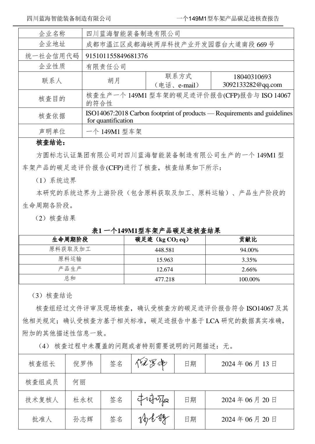 一個149M1型車架產(chǎn)品碳足跡核查報告